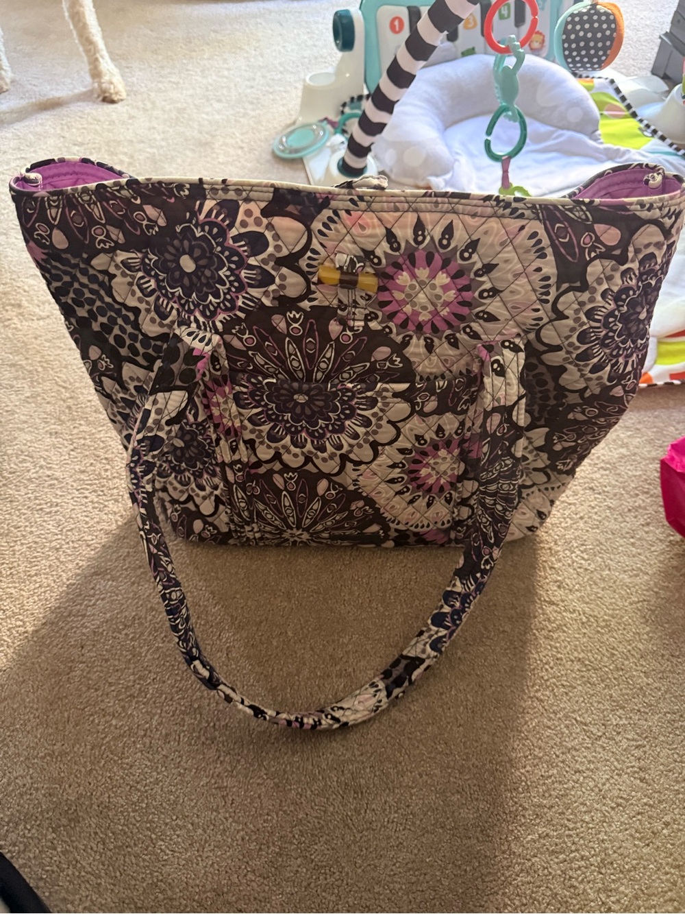 Quilted Floral Tote in Purple, Black, Cream and Pink